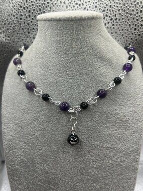 Handmade Amethyst, black glass and Jack O Lantern Charm Necklace